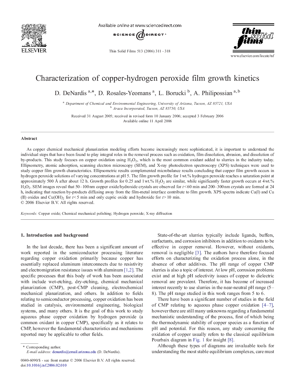 Characterization of copper-hydrogen peroxide film growth kinetics