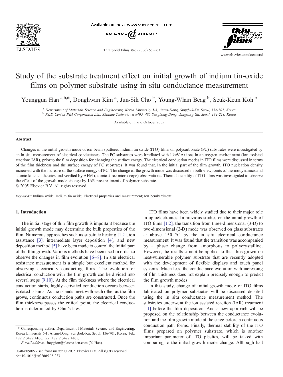 Study of the substrate treatment effect on initial growth of indium tin-oxide films on polymer substrate using in situ conductance measurement