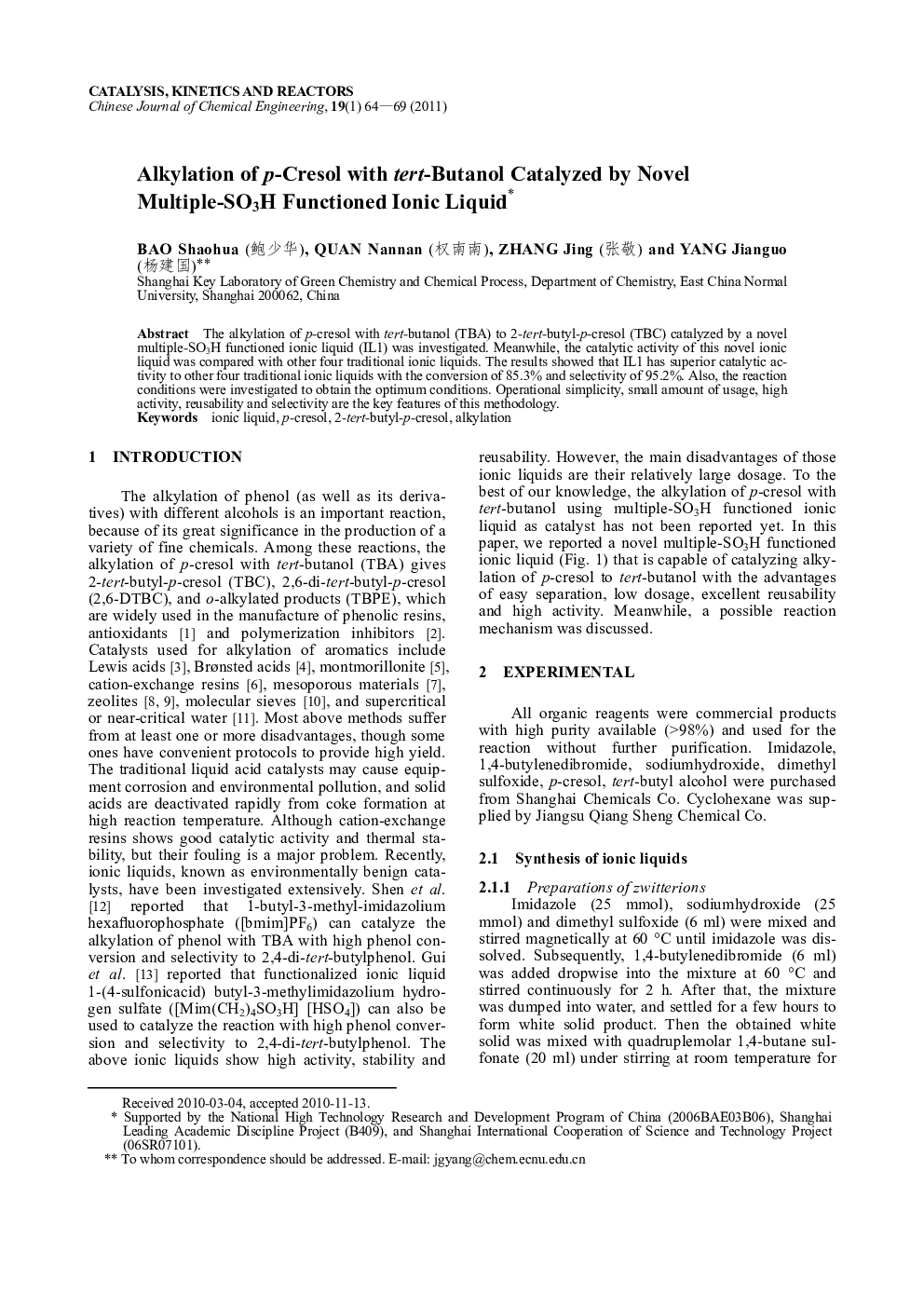 Alkylation of p-Cresol with tert-Butanol Catalyzed by Novel Multiple-SO3H Functioned Ionic Liquid 