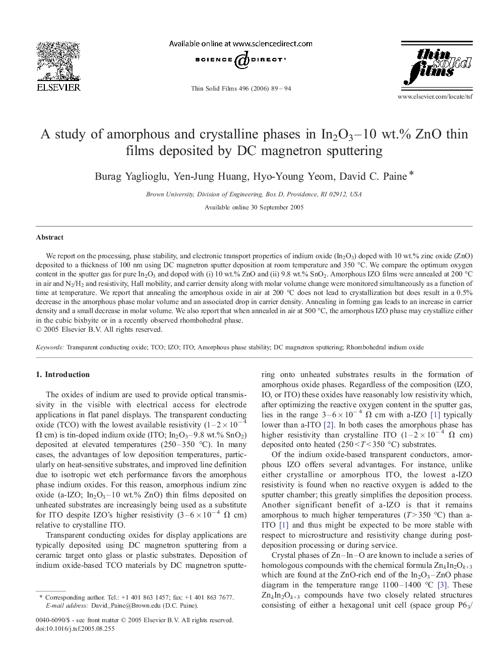 A study of amorphous and crystalline phases in In2O3–10 wt.% ZnO thin films deposited by DC magnetron sputtering