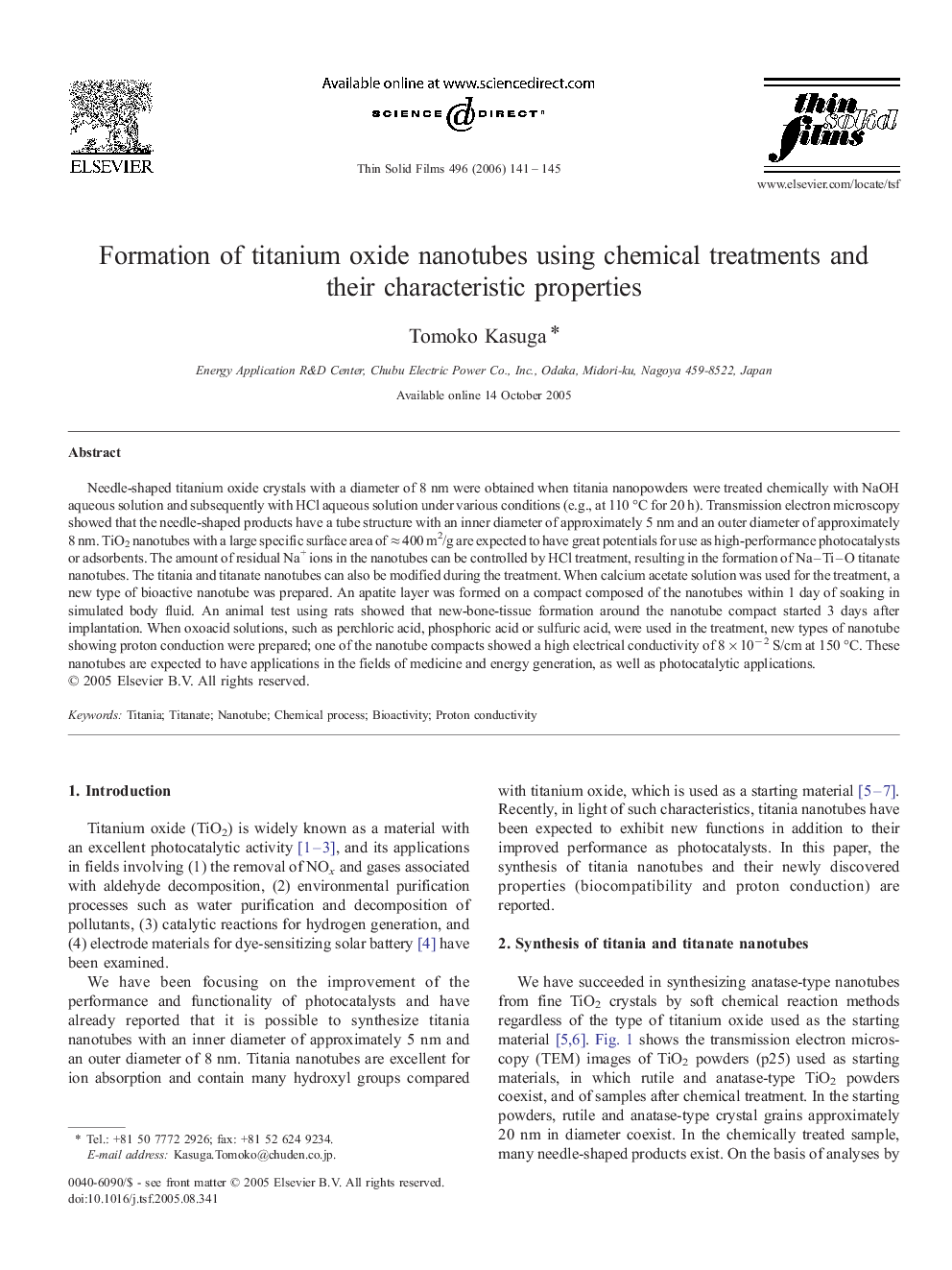 Formation of titanium oxide nanotubes using chemical treatments and their characteristic properties