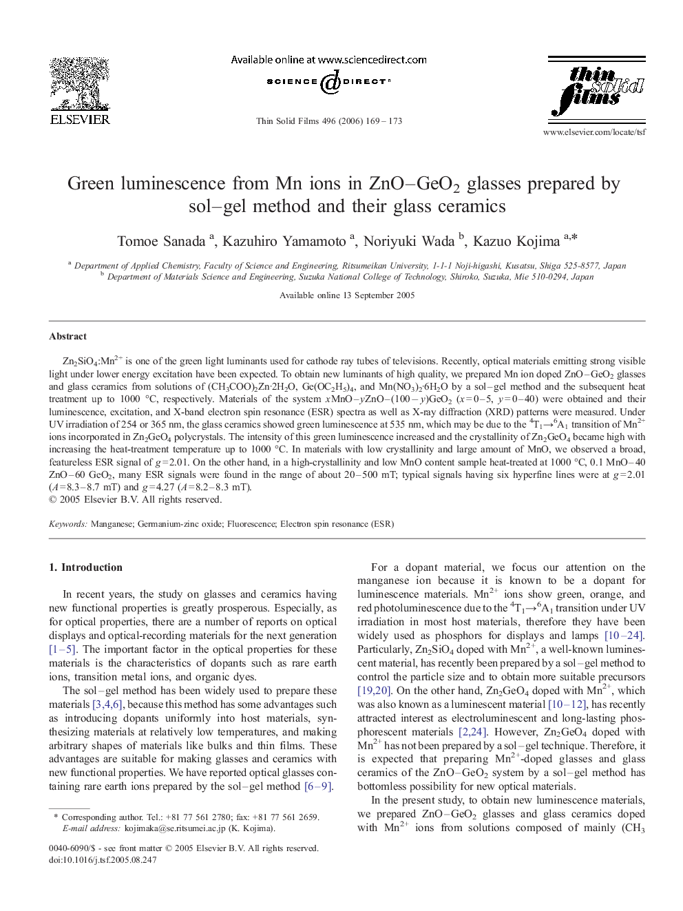 Green luminescence from Mn ions in ZnO–GeO2 glasses prepared by sol–gel method and their glass ceramics