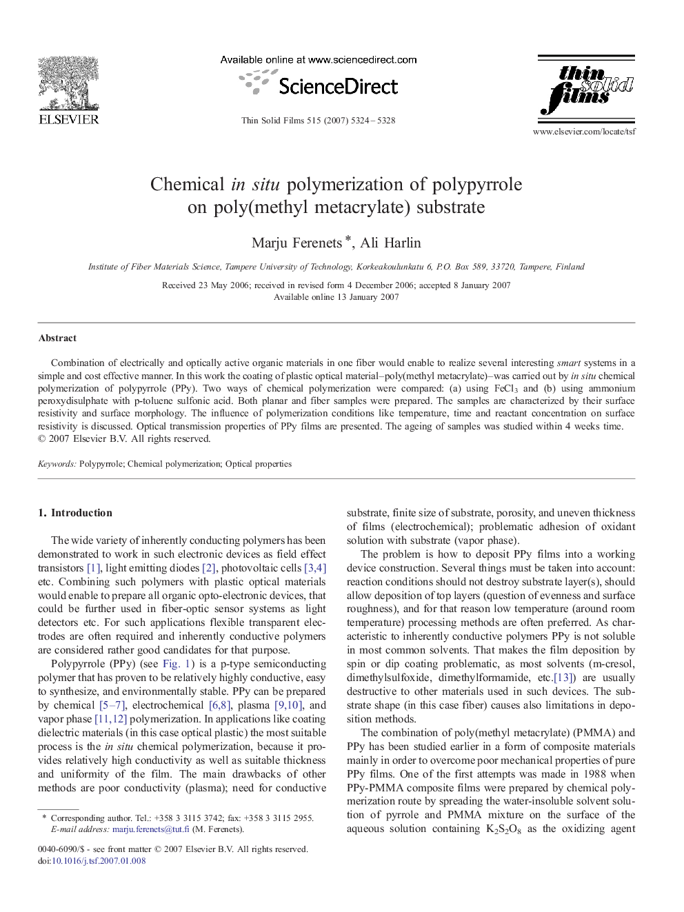 Chemical in situ polymerization of polypyrrole on poly(methyl metacrylate) substrate