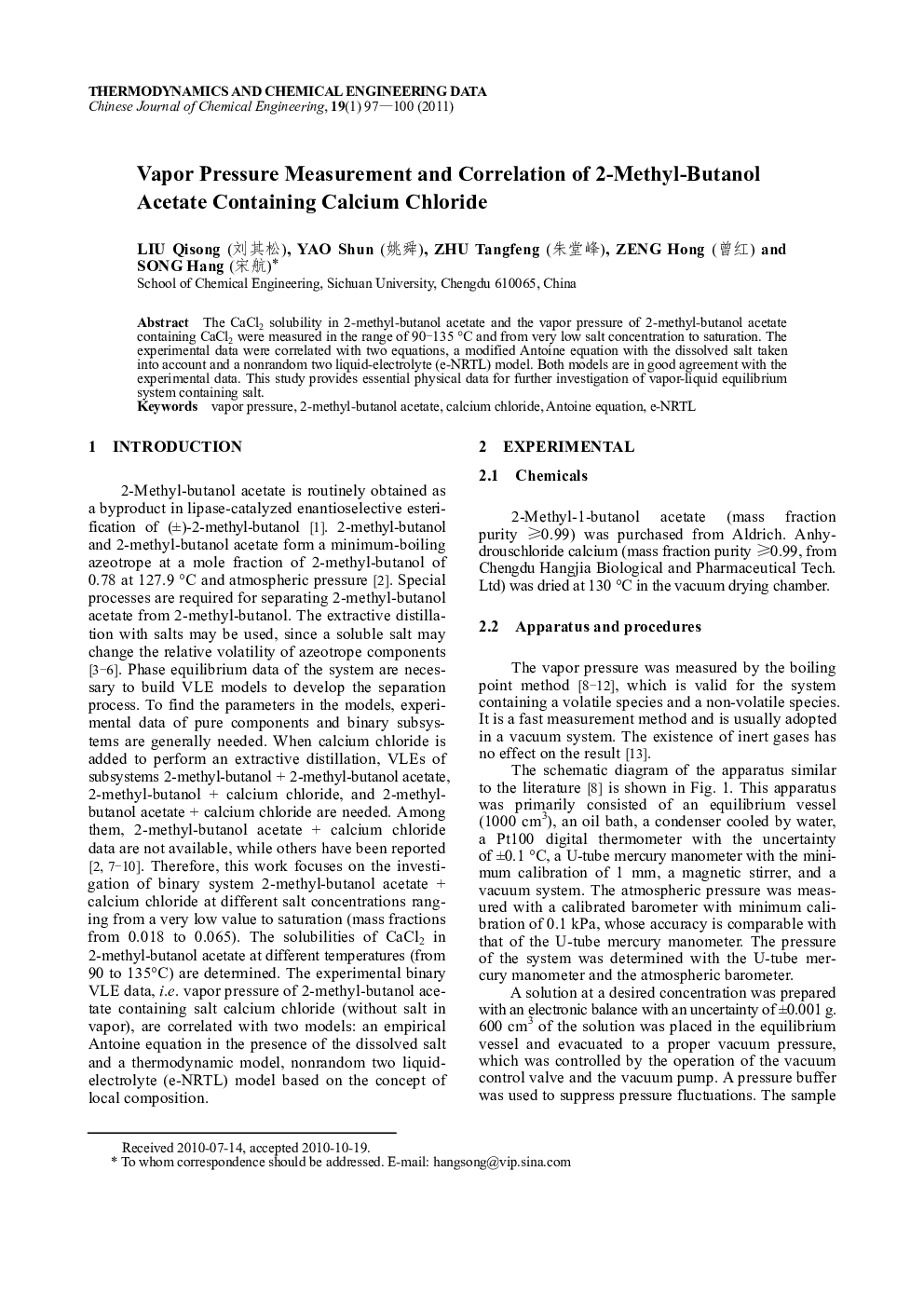Vapor Pressure Measurement and Correlation of 2-Methyl-Butanol Acetate Containing Calcium Chloride