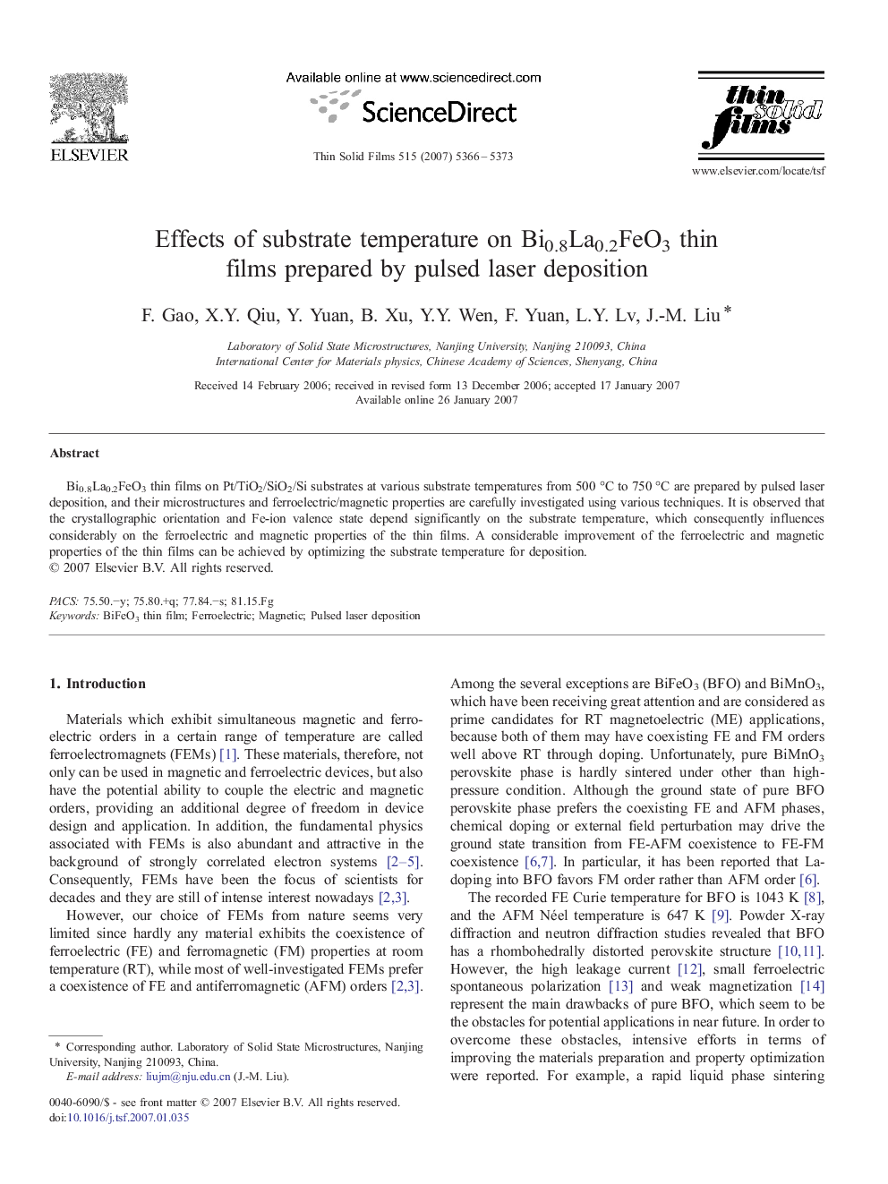 Effects of substrate temperature on Bi0.8La0.2FeO3 thin films prepared by pulsed laser deposition