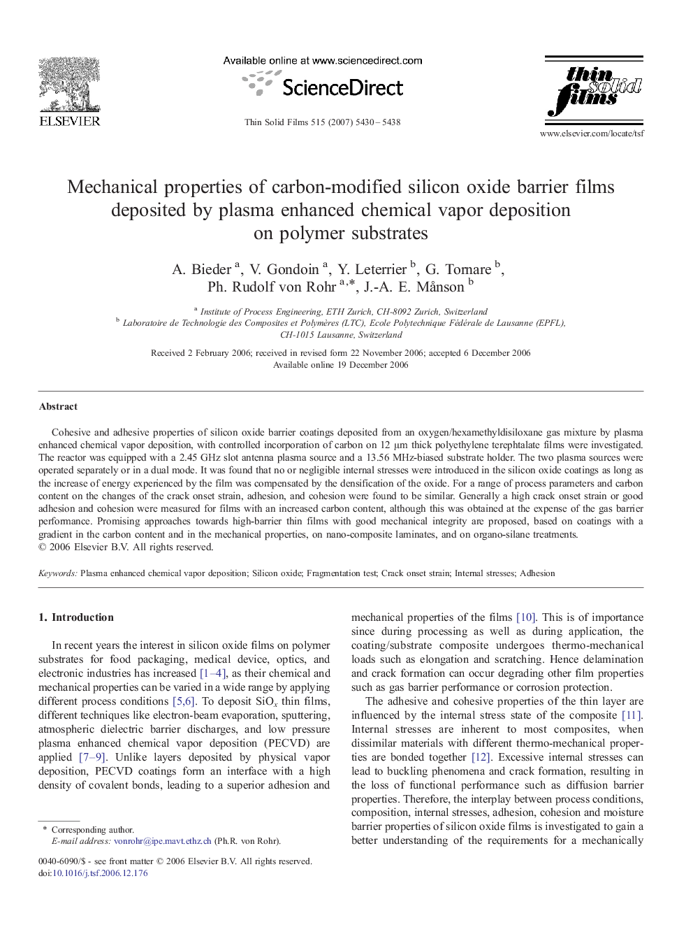 Mechanical properties of carbon-modified silicon oxide barrier films deposited by plasma enhanced chemical vapor deposition on polymer substrates