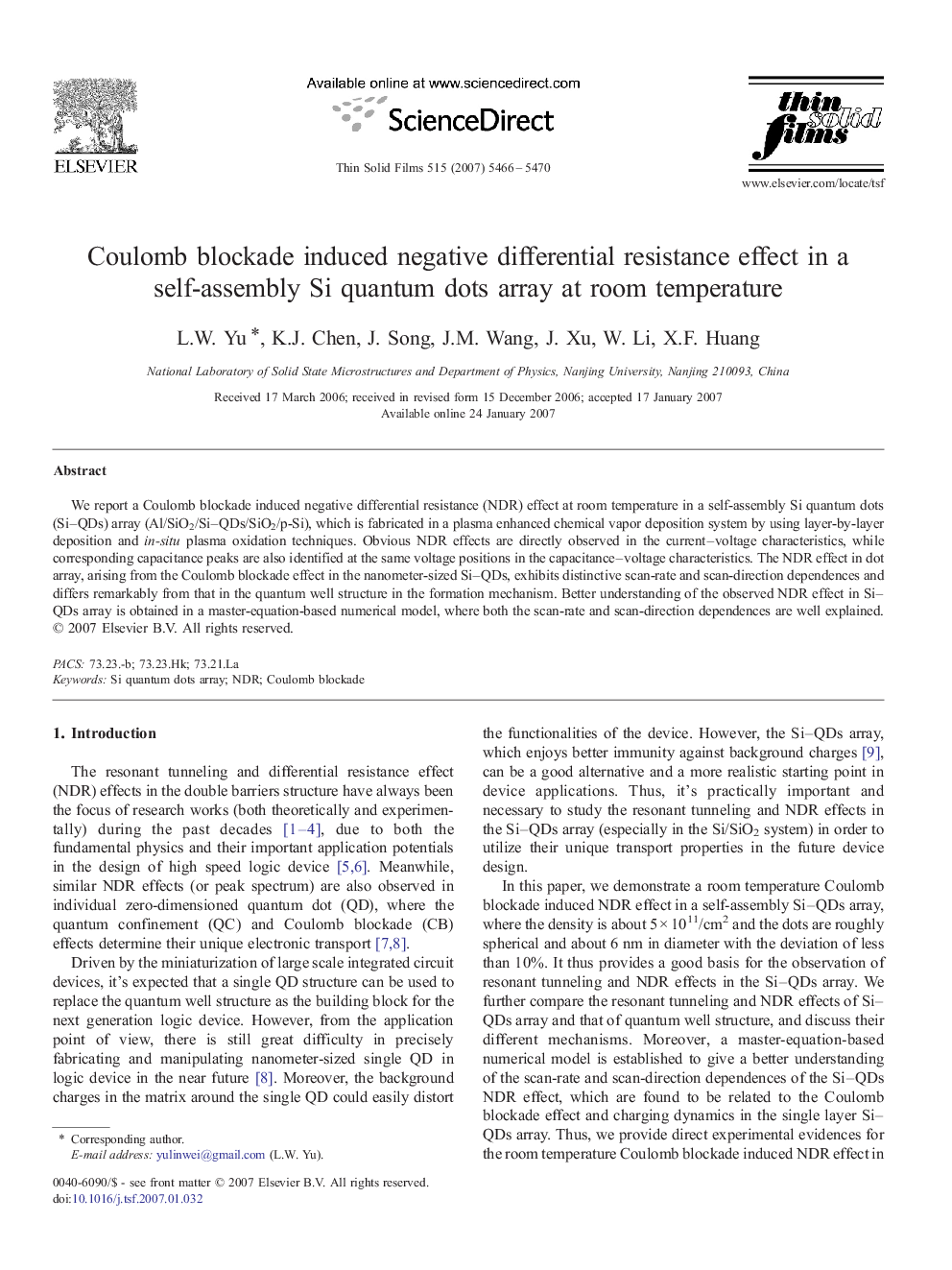 Coulomb blockade induced negative differential resistance effect in a self-assembly Si quantum dots array at room temperature