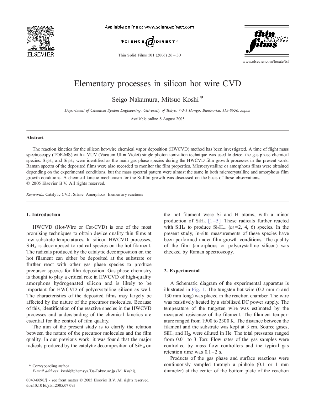 Elementary processes in silicon hot wire CVD