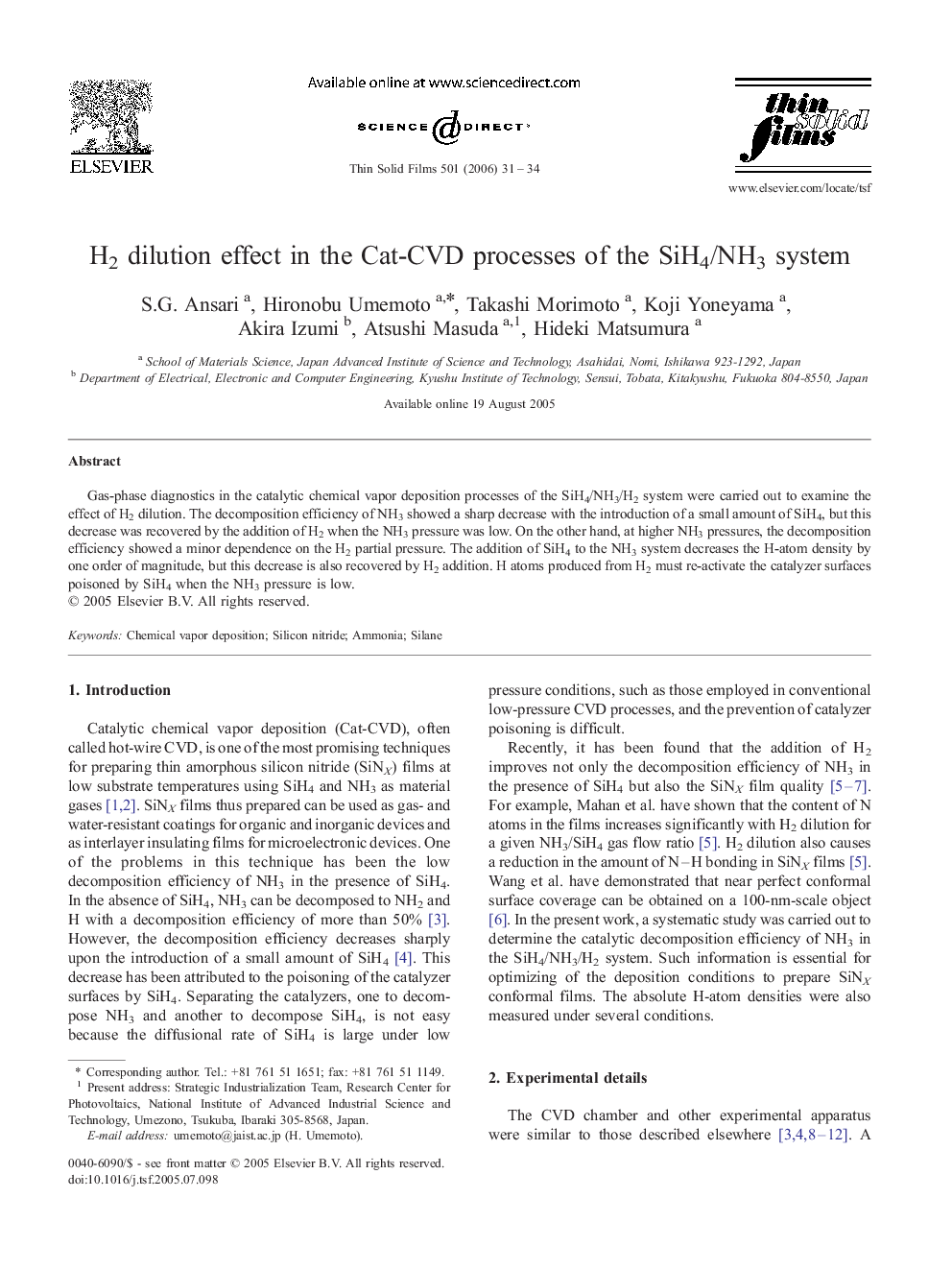 H2 dilution effect in the Cat-CVD processes of the SiH4/NH3 system