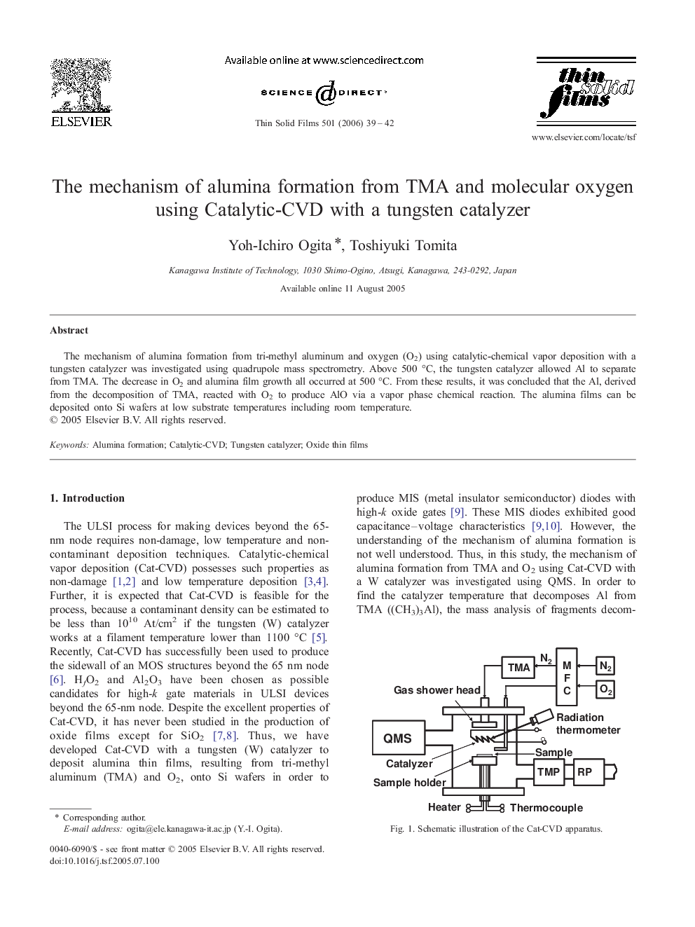 The mechanism of alumina formation from TMA and molecular oxygen using Catalytic-CVD with a tungsten catalyzer