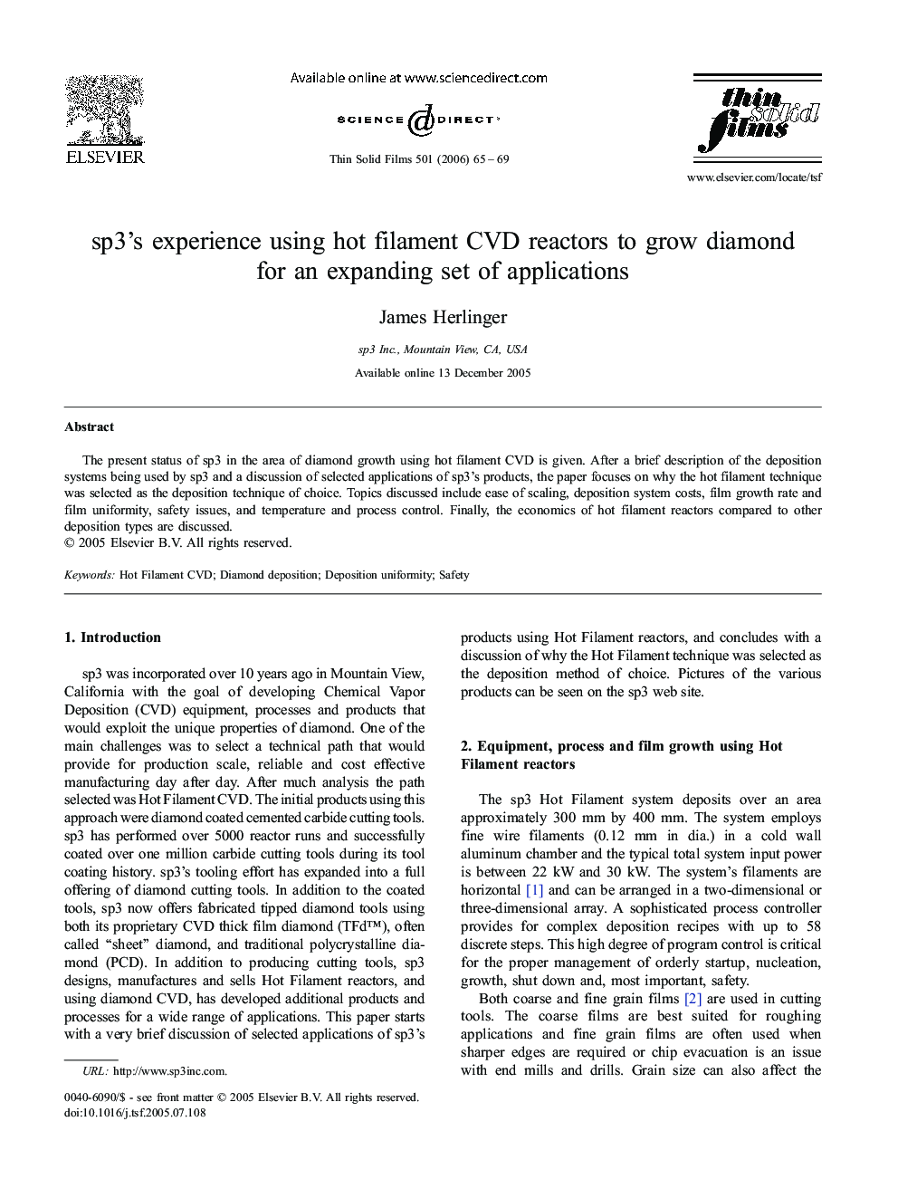 sp3's experience using hot filament CVD reactors to grow diamond for an expanding set of applications