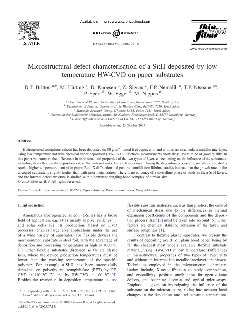 Microstructural defect characterisation of a-Si:H deposited by low temperature HW-CVD on paper substrates