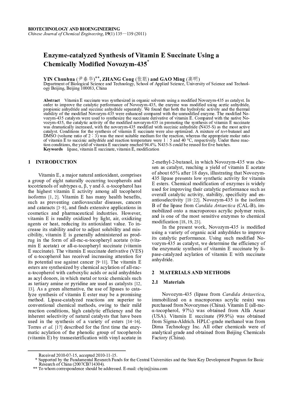 Enzyme-catalyzed Synthesis of Vitamin E Succinate Using a Chemically Modified Novozym-435 