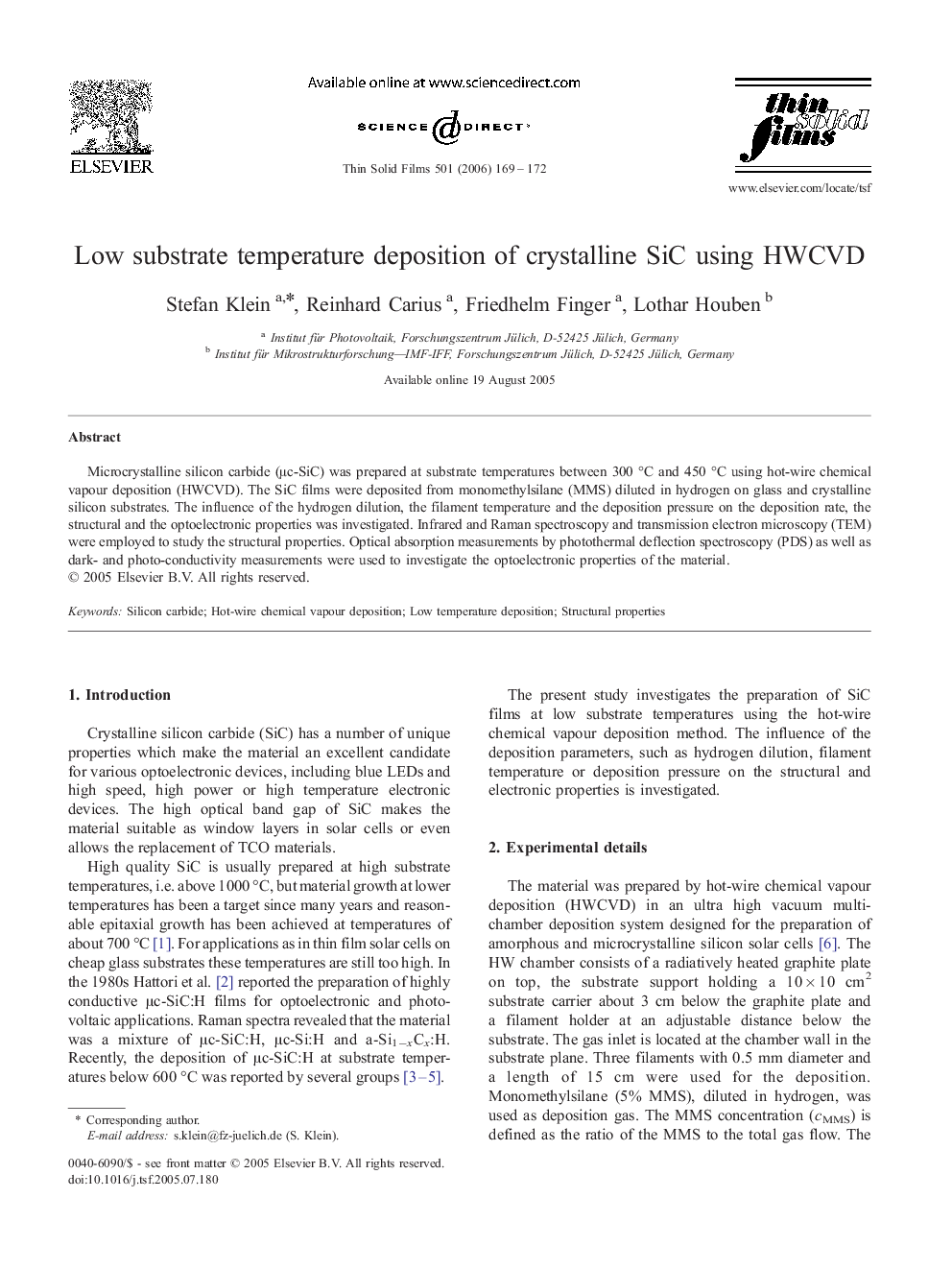 Low substrate temperature deposition of crystalline SiC using HWCVD