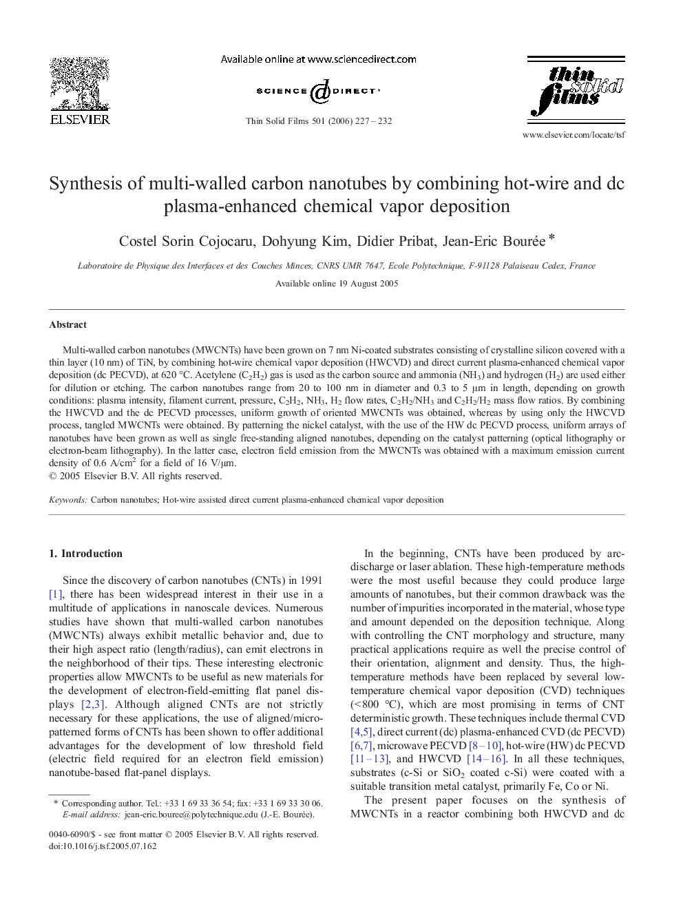 Synthesis of multi-walled carbon nanotubes by combining hot-wire and dc plasma-enhanced chemical vapor deposition