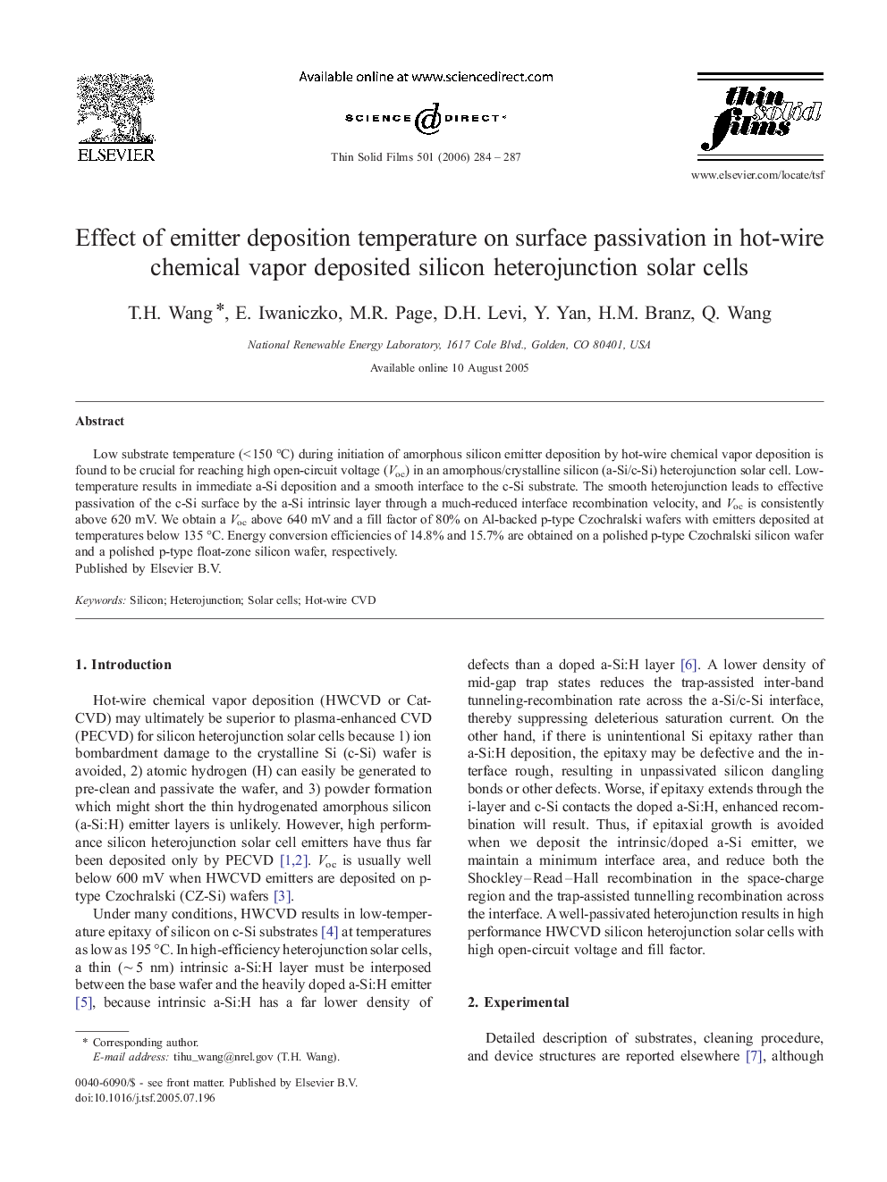 Effect of emitter deposition temperature on surface passivation in hot-wire chemical vapor deposited silicon heterojunction solar cells