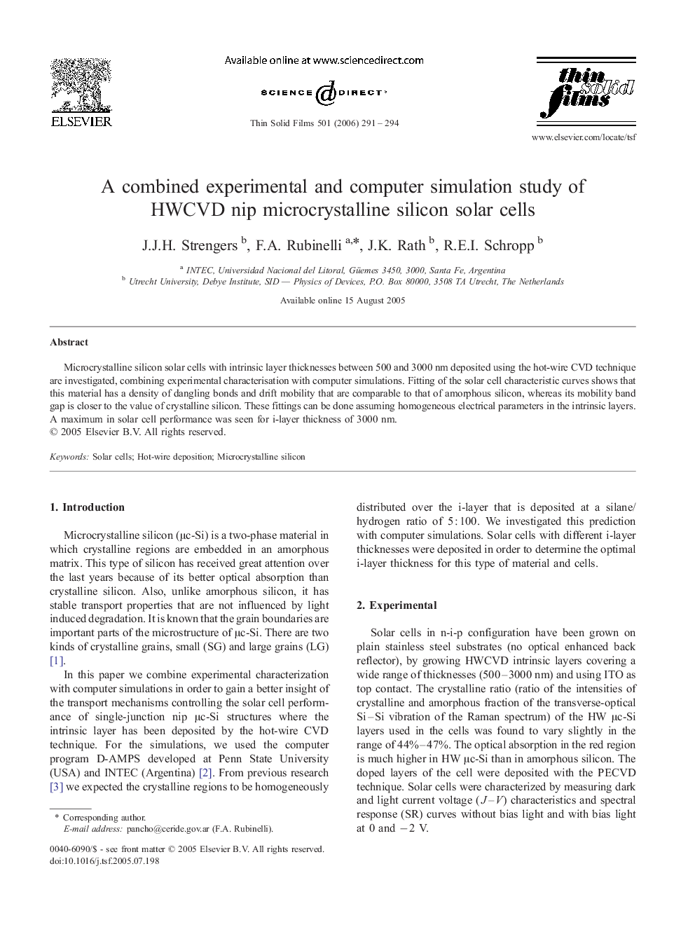 A combined experimental and computer simulation study of HWCVD nip microcrystalline silicon solar cells