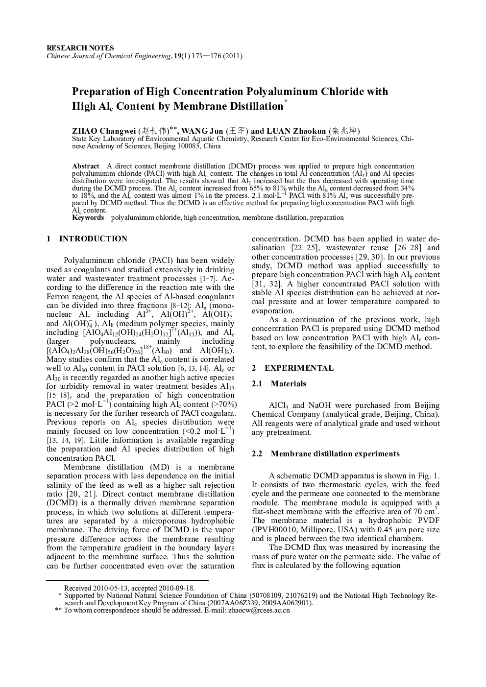 Preparation of High Concentration Polyaluminum Chloride with High Alc Content by Membrane Distillation 