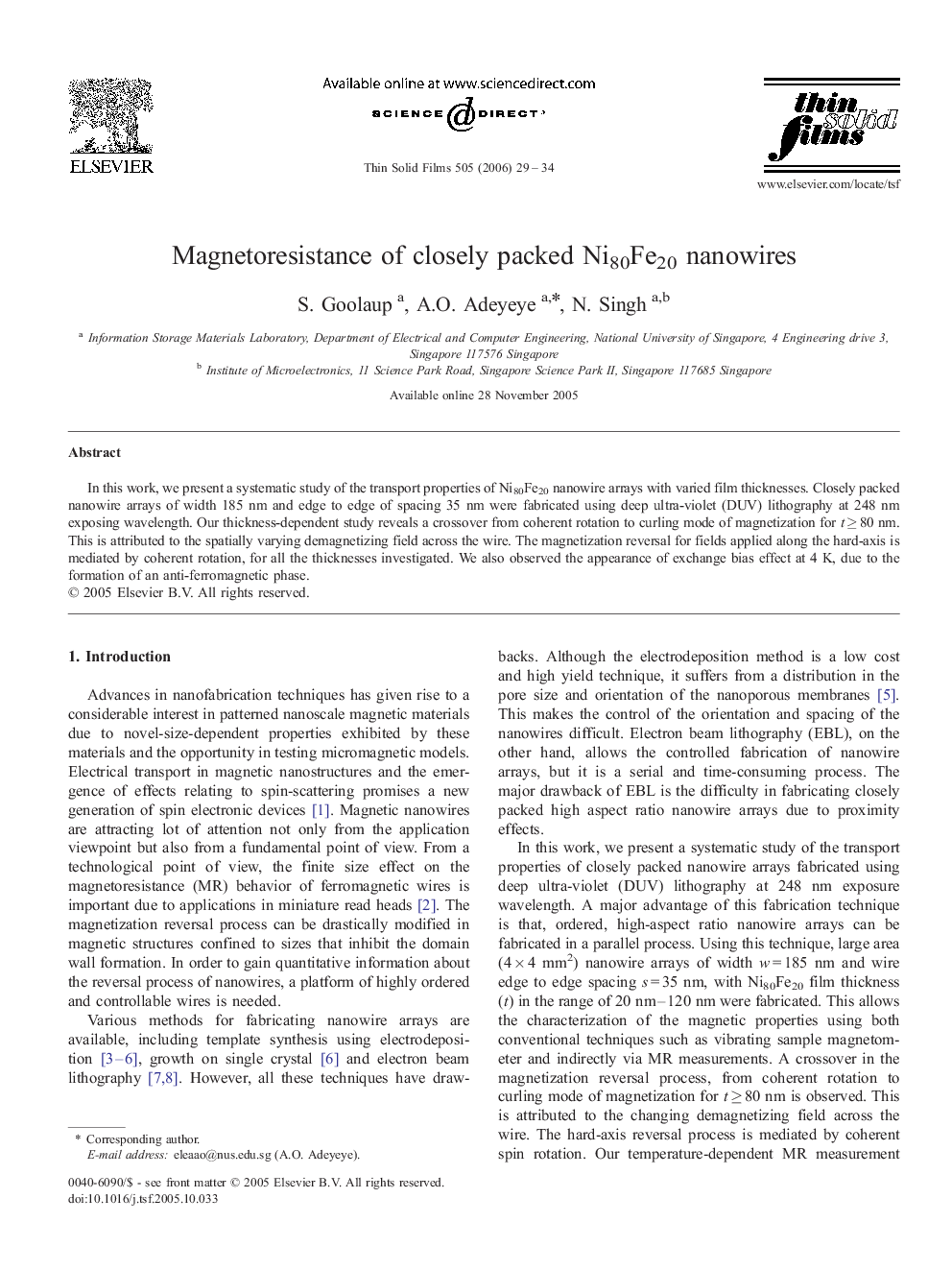 Magnetoresistance of closely packed Ni80Fe20 nanowires