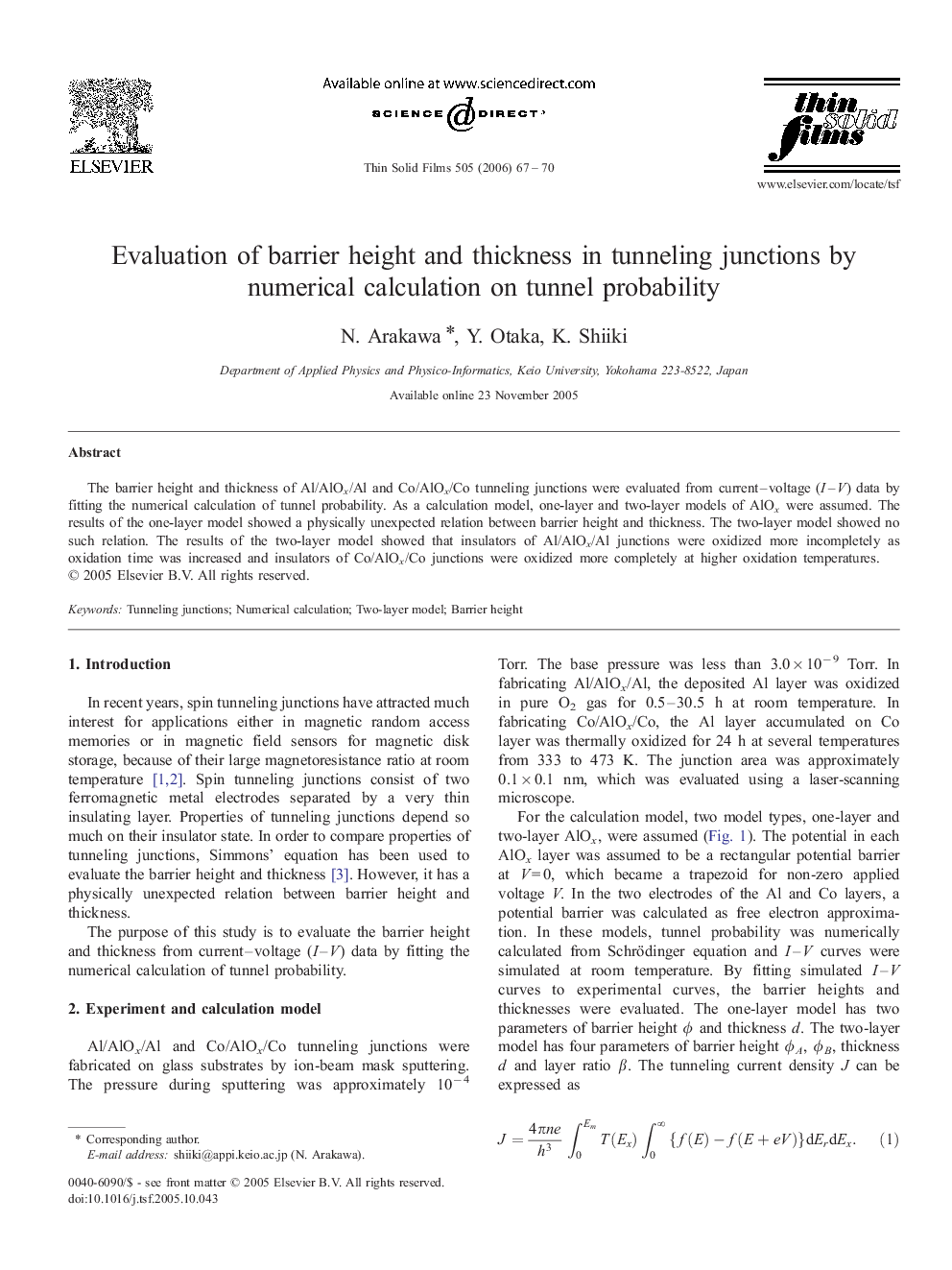 Evaluation of barrier height and thickness in tunneling junctions by numerical calculation on tunnel probability