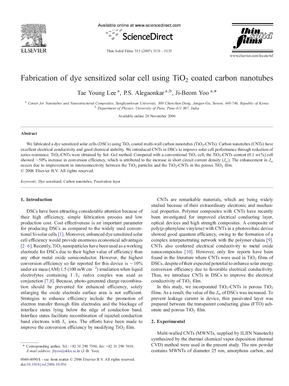 Fabrication of dye sensitized solar cell using TiO2 coated carbon nanotubes