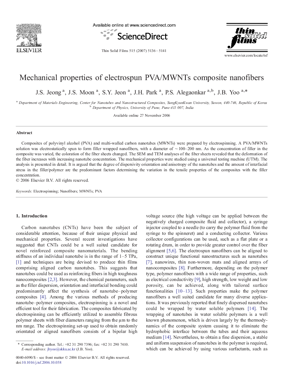 Mechanical properties of electrospun PVA/MWNTs composite nanofibers