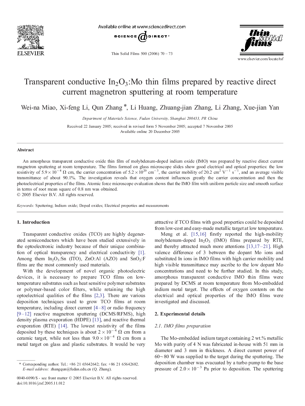 Transparent conductive In2O3:Mo thin films prepared by reactive direct current magnetron sputtering at room temperature