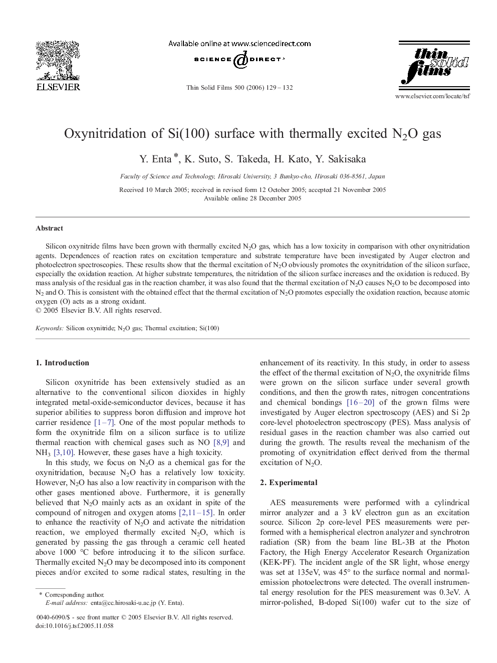 Oxynitridation of Si(100) surface with thermally excited N2O gas