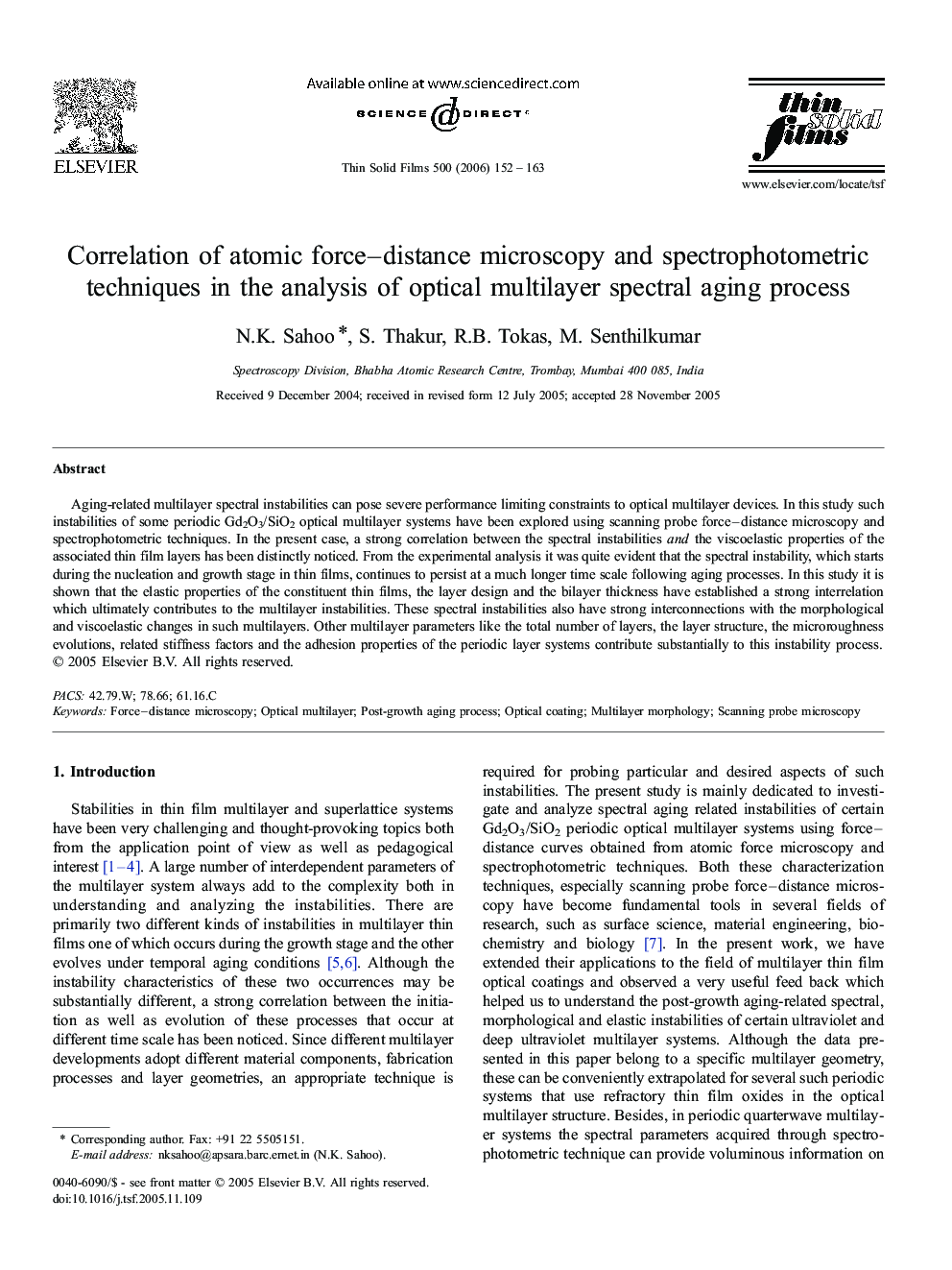 Correlation of atomic force–distance microscopy and spectrophotometric techniques in the analysis of optical multilayer spectral aging process