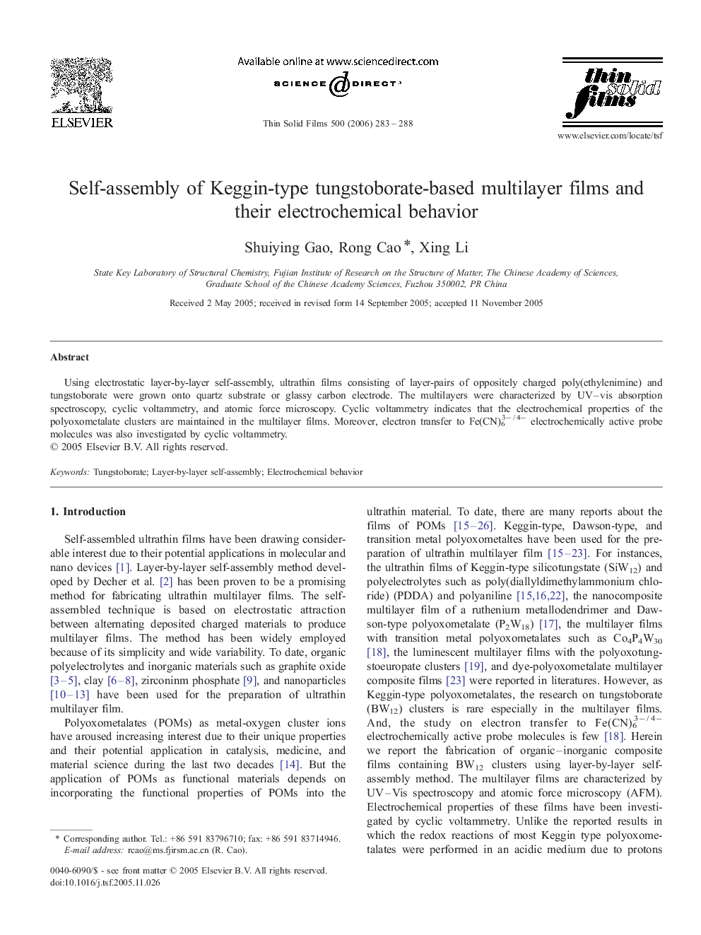 Self-assembly of Keggin-type tungstoborate-based multilayer films and their electrochemical behavior