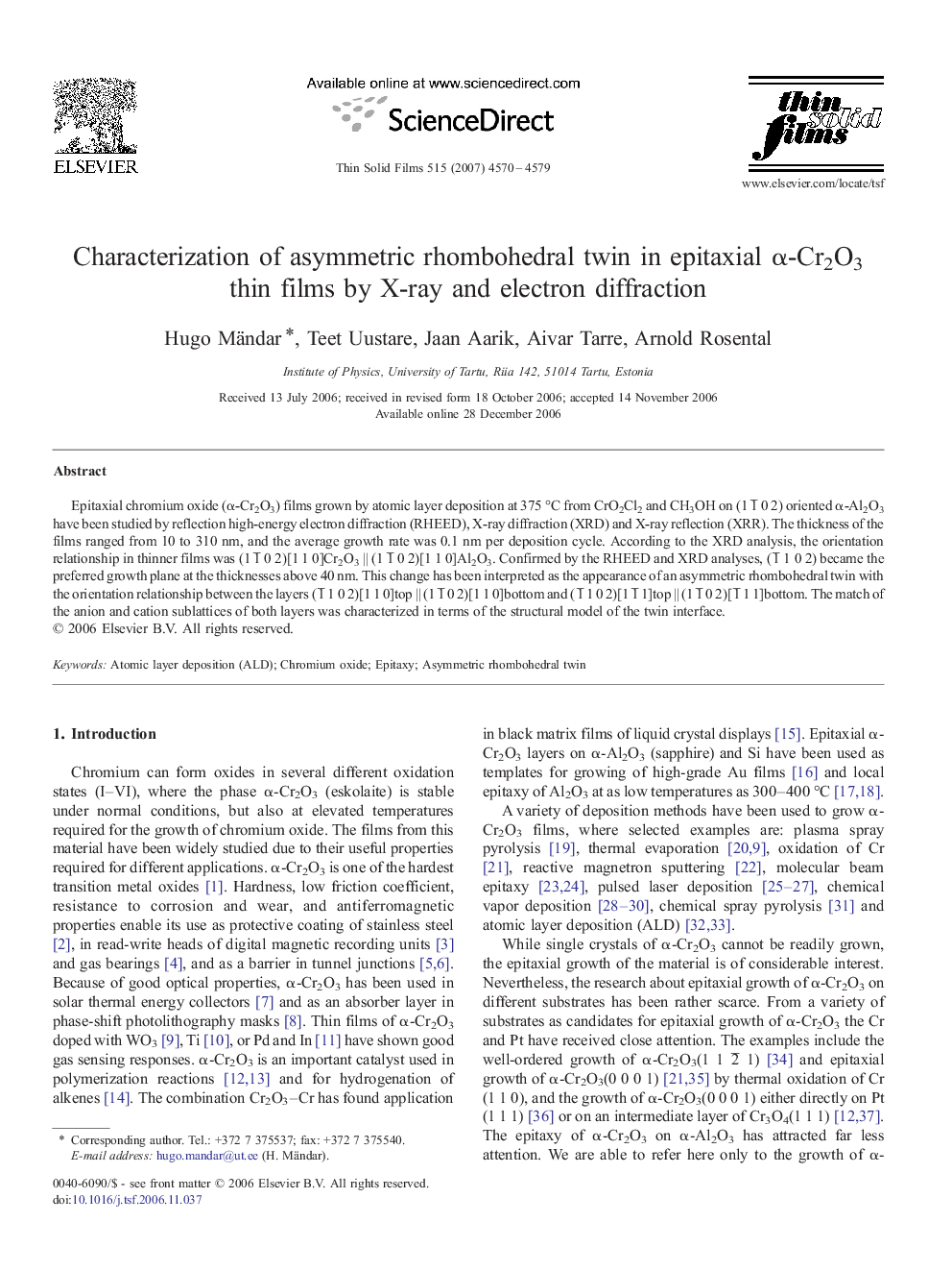 Characterization of asymmetric rhombohedral twin in epitaxial α-Cr2O3 thin films by X-ray and electron diffraction