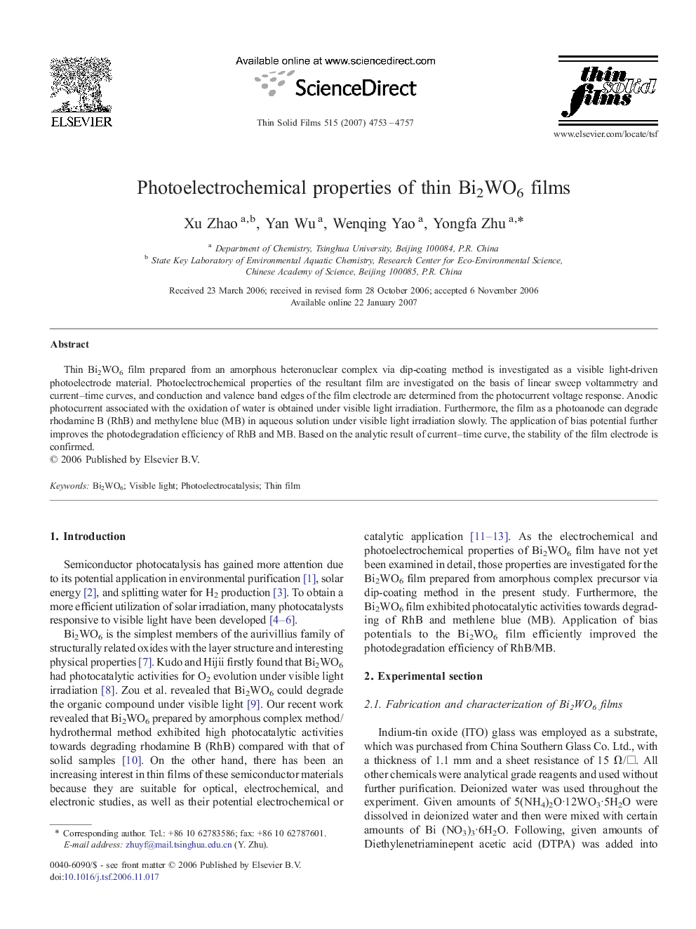 Photoelectrochemical properties of thin Bi2WO6 films