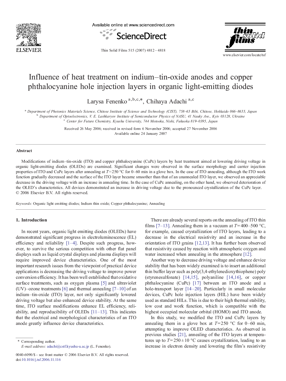 Influence of heat treatment on indium–tin-oxide anodes and copper phthalocyanine hole injection layers in organic light-emitting diodes