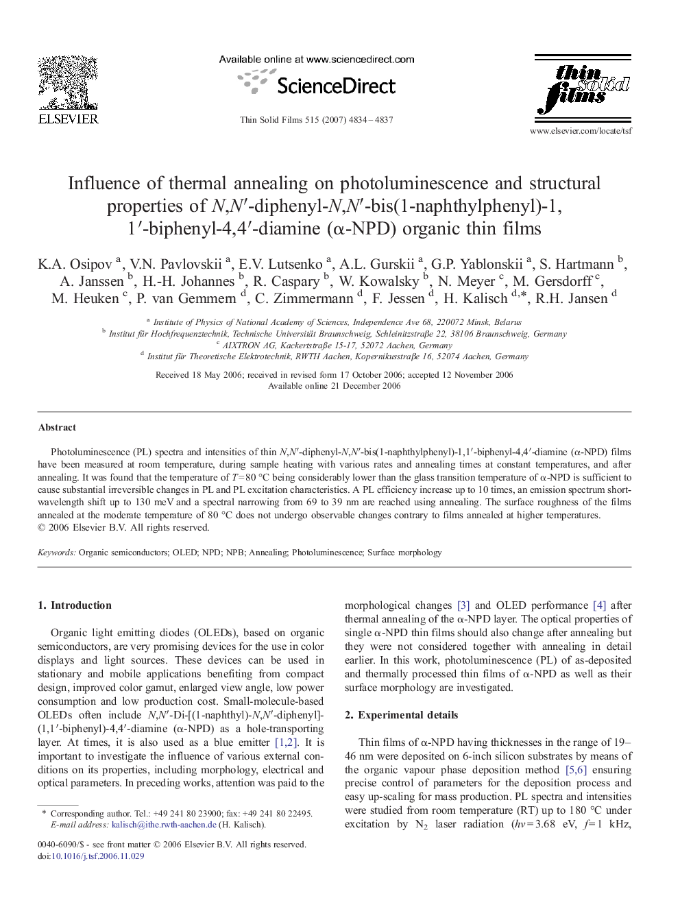 Influence of thermal annealing on photoluminescence and structural properties of N,N′-diphenyl-N,N′-bis(1-naphthylphenyl)-1,1′-biphenyl-4,4′-diamine (α-NPD) organic thin films