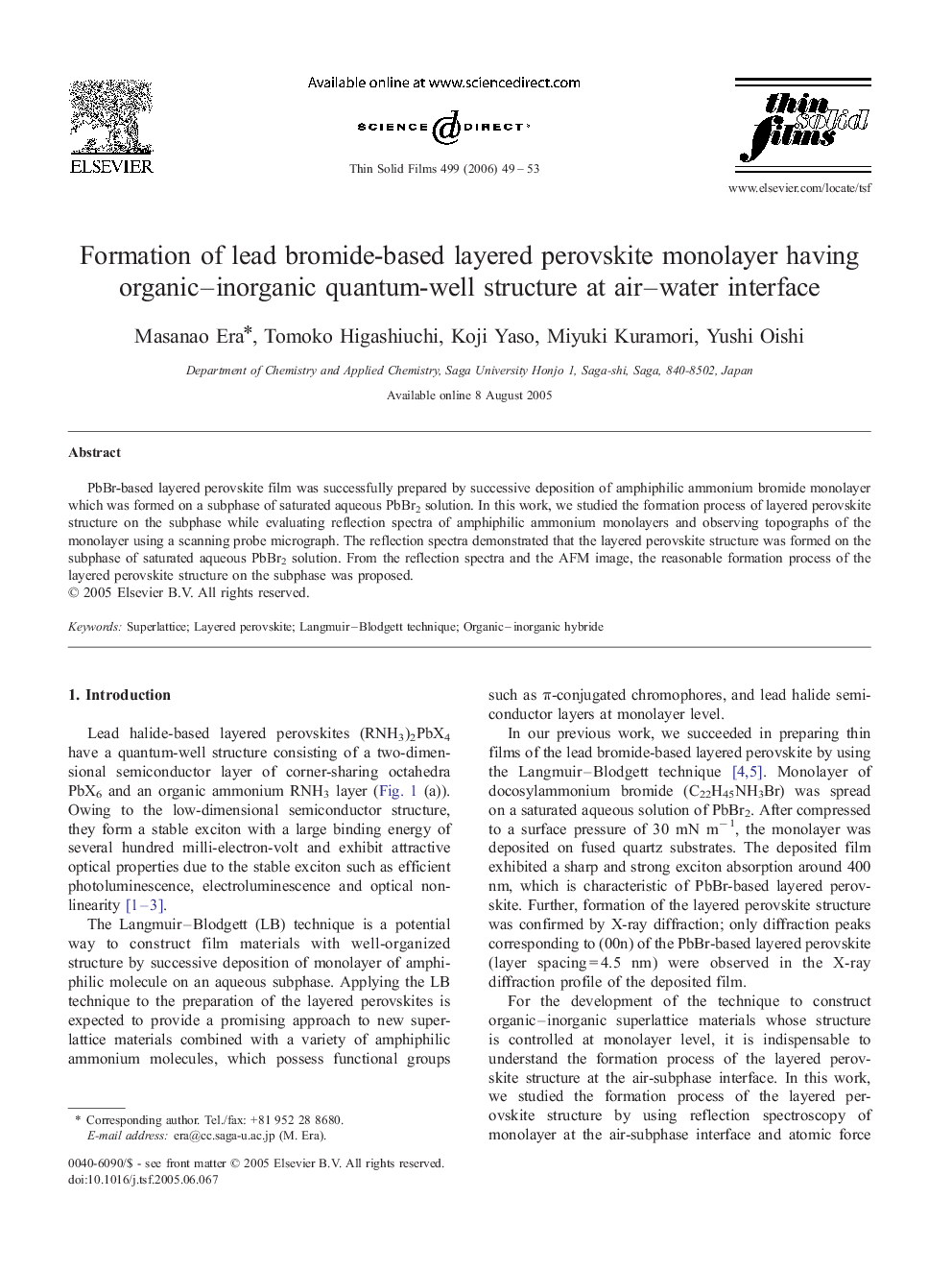 عکس صفحه اول مقاله: Formation of lead bromide-based layered perovskite monolayer having organic–inorganic quantum-well structure at air–water interface Formation of lead bromide-based layered perovskite monolayer having organic–inorganic quantum-well structure at air–water interface