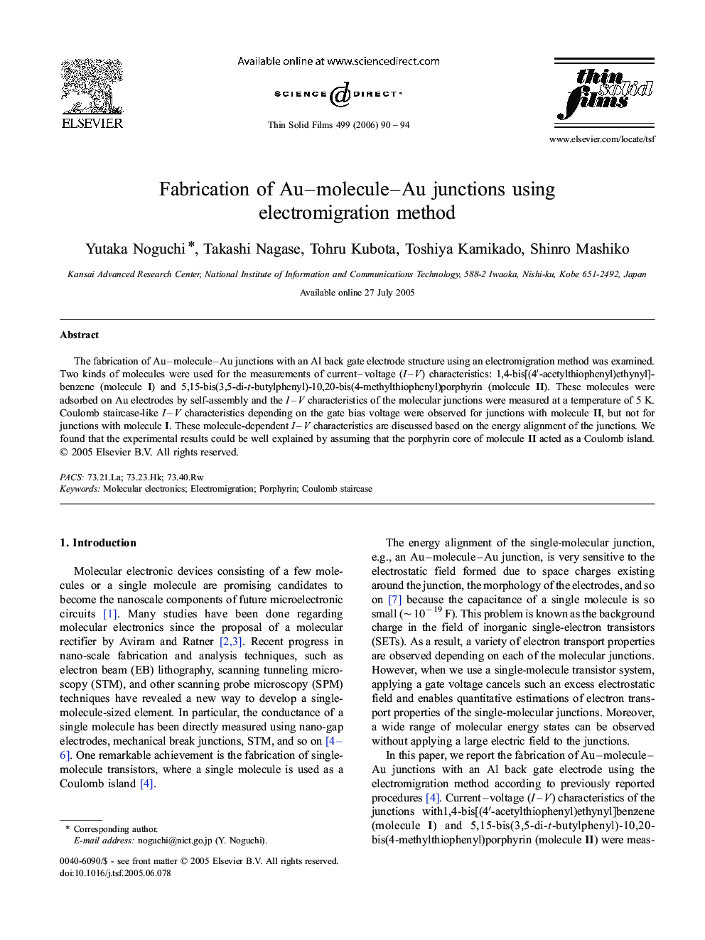 Fabrication of Au–molecule–Au junctions using electromigration method