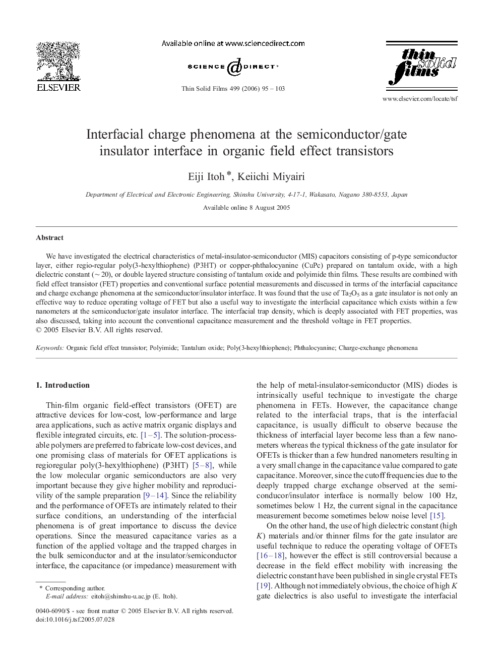 Interfacial charge phenomena at the semiconductor/gate insulator interface in organic field effect transistors