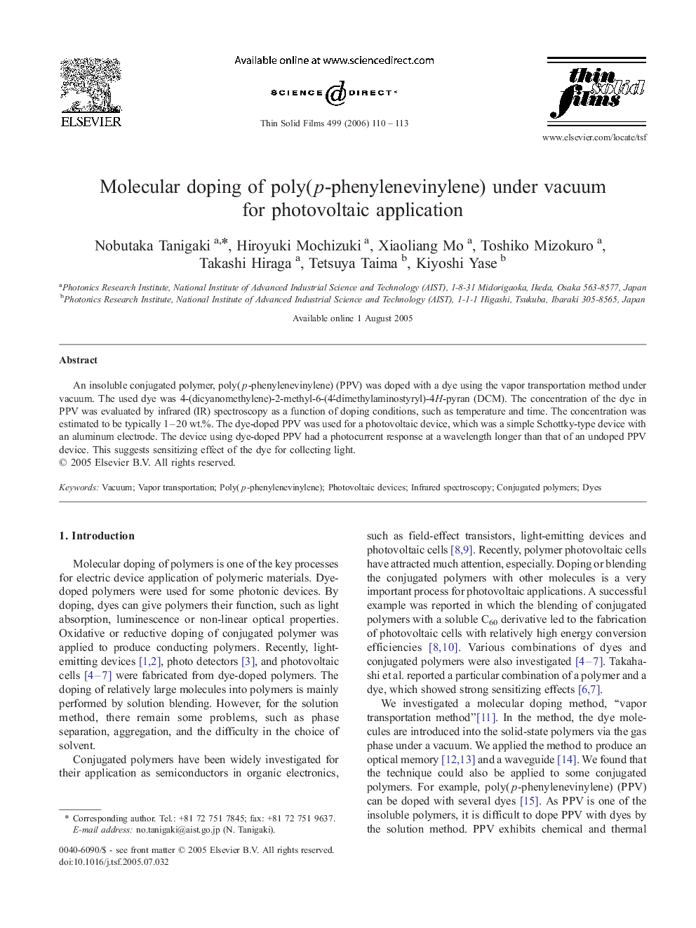 Molecular doping of poly(p-phenylenevinylene) under vacuum for photovoltaic application