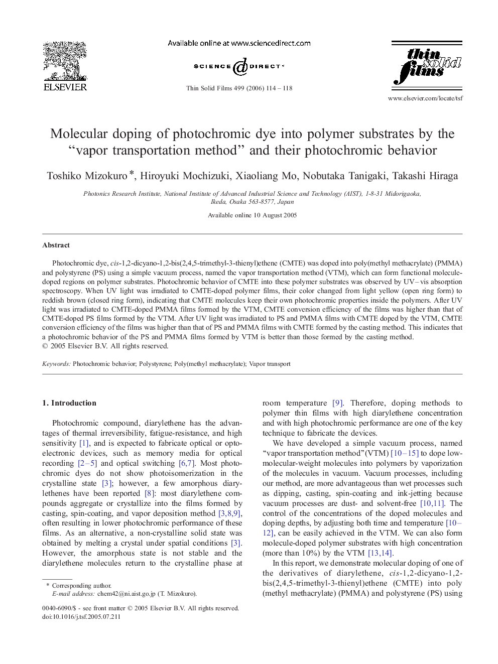 Molecular doping of photochromic dye into polymer substrates by the “vapor transportation method” and their photochromic behavior