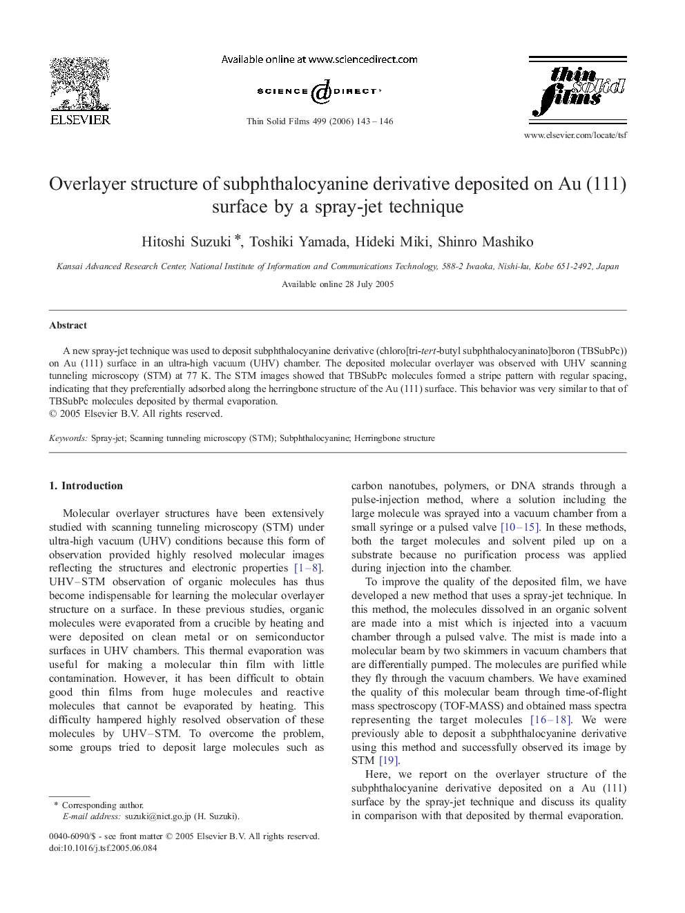Overlayer structure of subphthalocyanine derivative deposited on Au (111) surface by a spray-jet technique