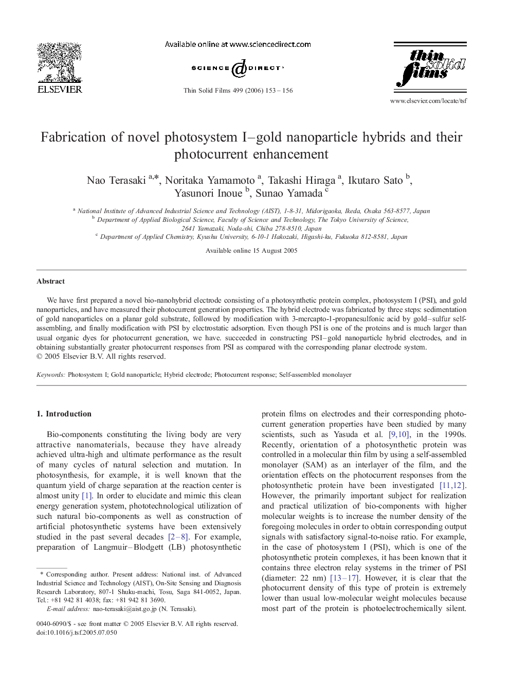 Fabrication of novel photosystem I–gold nanoparticle hybrids and their photocurrent enhancement