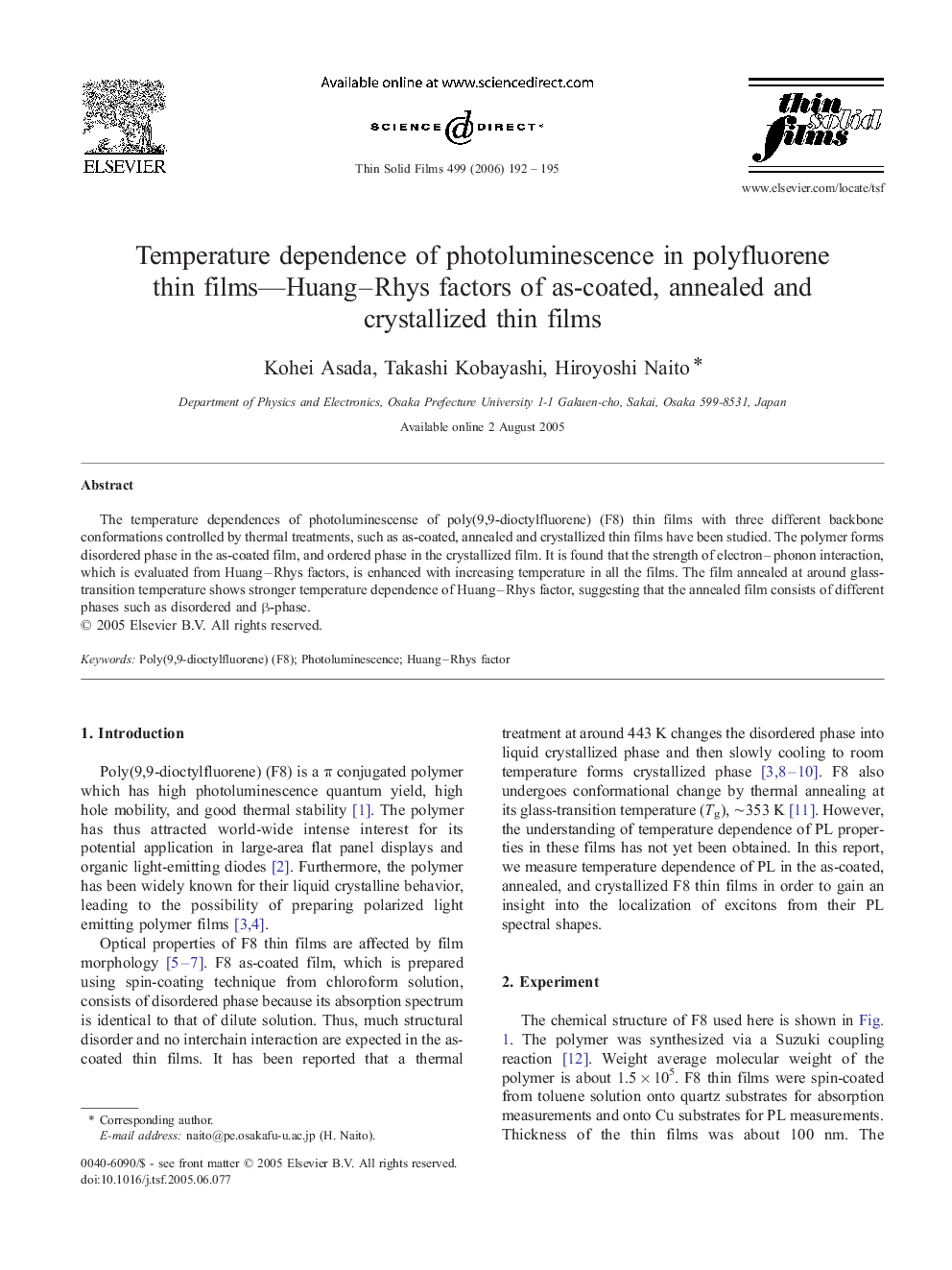 Temperature dependence of photoluminescence in polyfluorene thin films—Huang–Rhys factors of as-coated, annealed and crystallized thin films