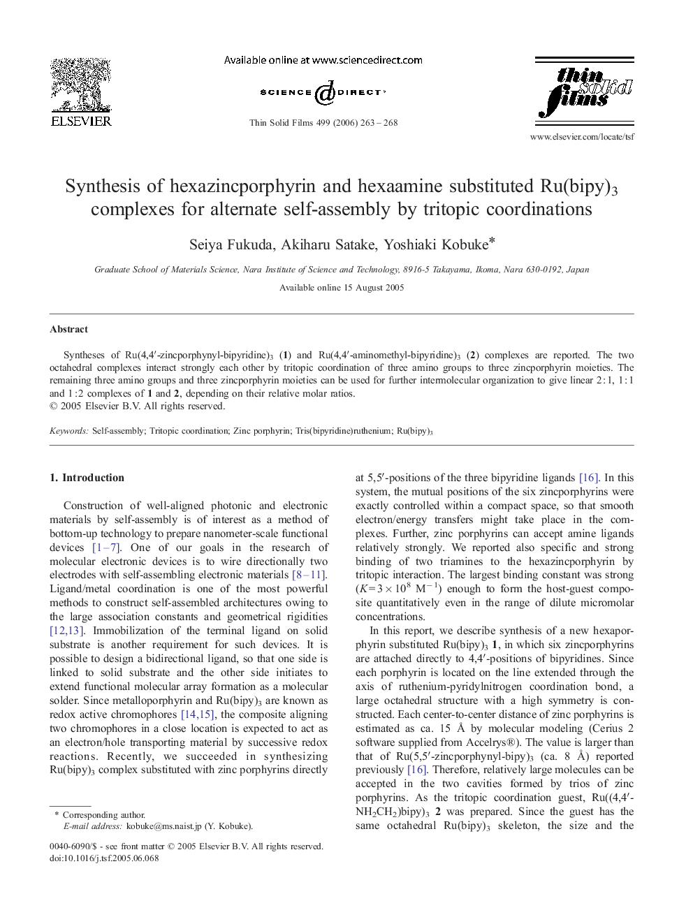 Synthesis of hexazincporphyrin and hexaamine substituted Ru(bipy)3 complexes for alternate self-assembly by tritopic coordinations