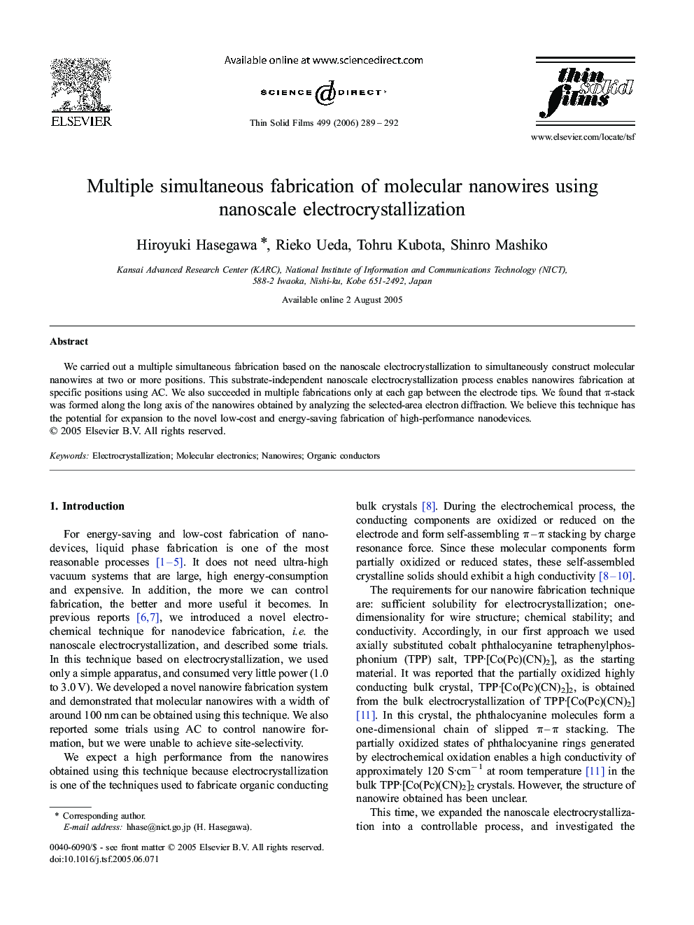 Multiple simultaneous fabrication of molecular nanowires using nanoscale electrocrystallization