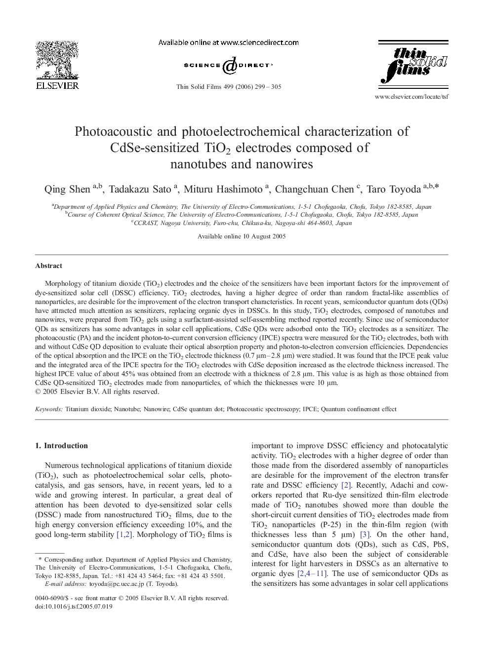 Photoacoustic and photoelectrochemical characterization of CdSe-sensitized TiO2 electrodes composed of nanotubes and nanowires