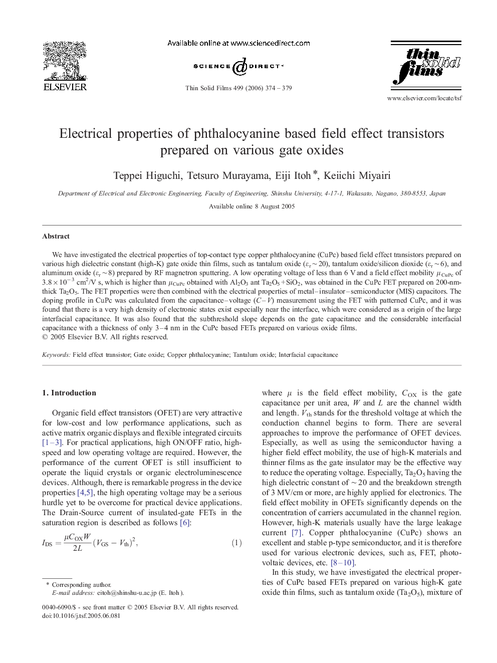 عکس صفحه اول مقاله: Electrical properties of phthalocyanine based field effect transistors prepared on various gate oxides Electrical properties of phthalocyanine based field effect transistors prepared on various gate oxides