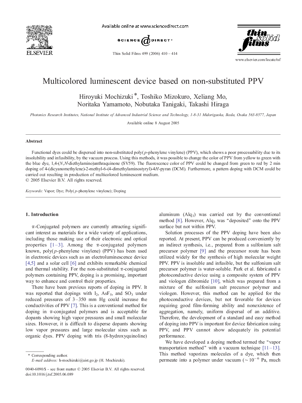 عکس صفحه اول مقاله: Multicolored luminescent device based on non-substituted PPV Multicolored luminescent device based on non-substituted PPV