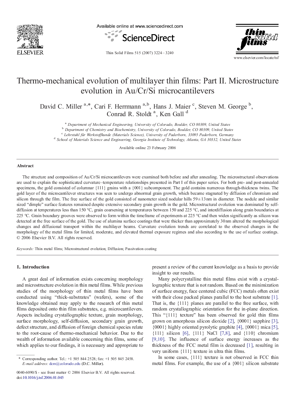 Thermo-mechanical evolution of multilayer thin films: Part II. Microstructure evolution in Au/Cr/Si microcantilevers