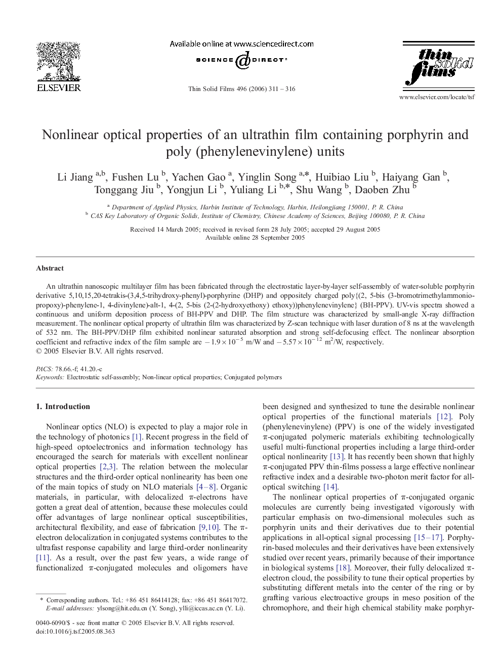 عکس صفحه اول مقاله: Nonlinear optical properties of an ultrathin film containing porphyrin and poly (phenylenevinylene) units Nonlinear optical properties of an ultrathin film containing porphyrin and poly (phenylenevinylene) units