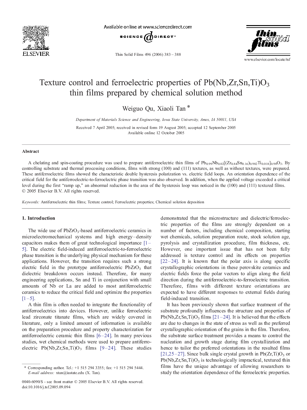 Texture control and ferroelectric properties of Pb(Nb,Zr,Sn,Ti)O3 thin films prepared by chemical solution method